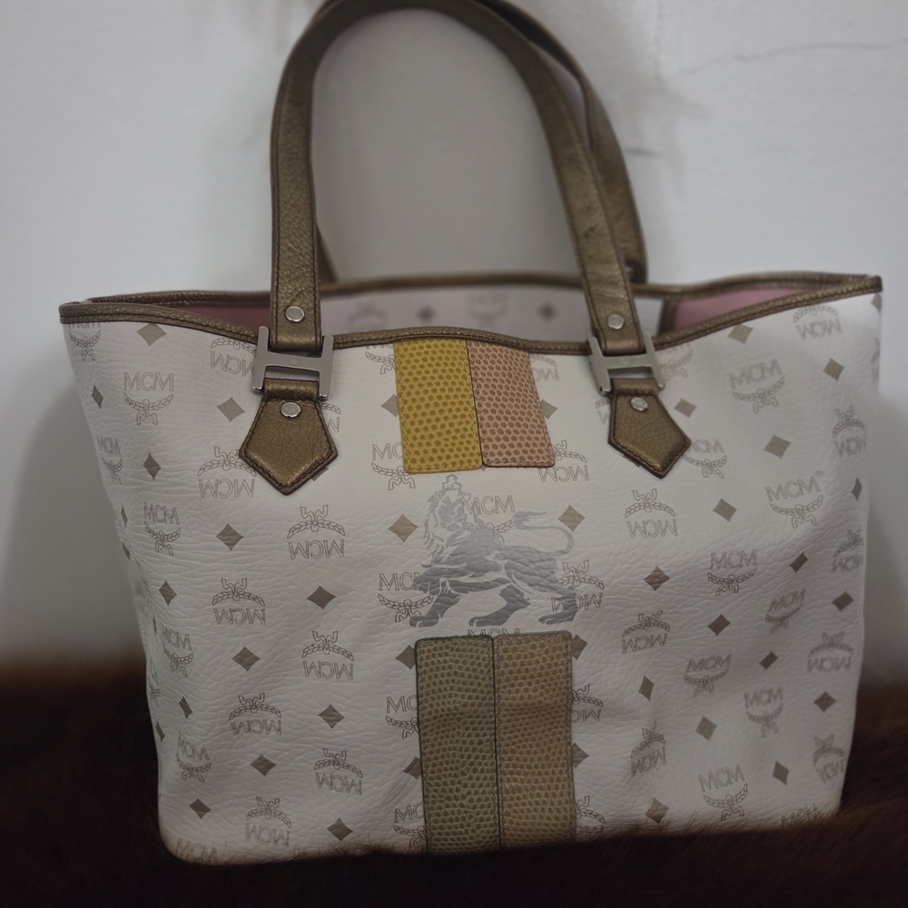 MCM Cream and Tan Tote Bag